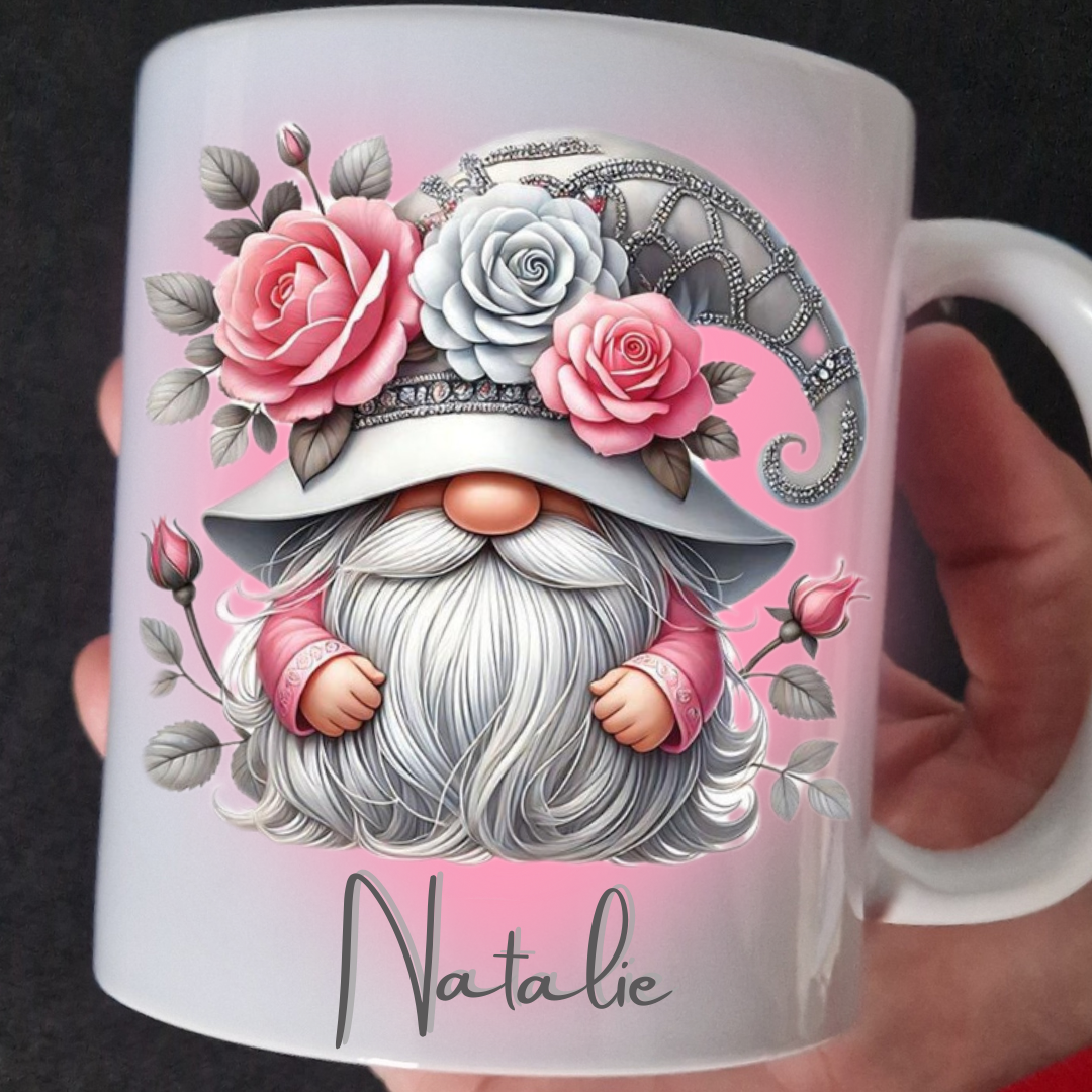 Personalised gonk mug pink roses