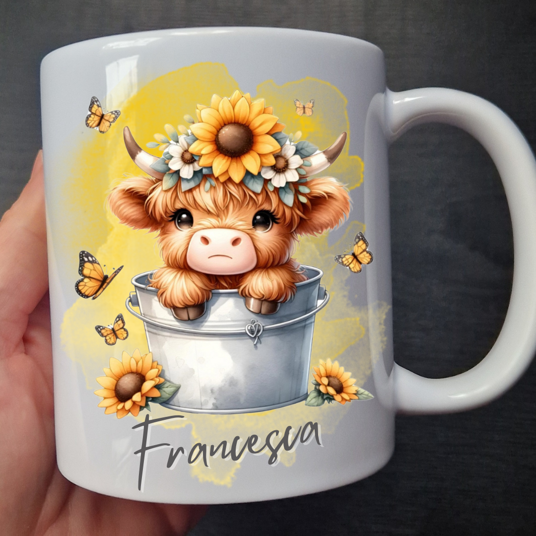 Personalised highland cow & sunflower mug