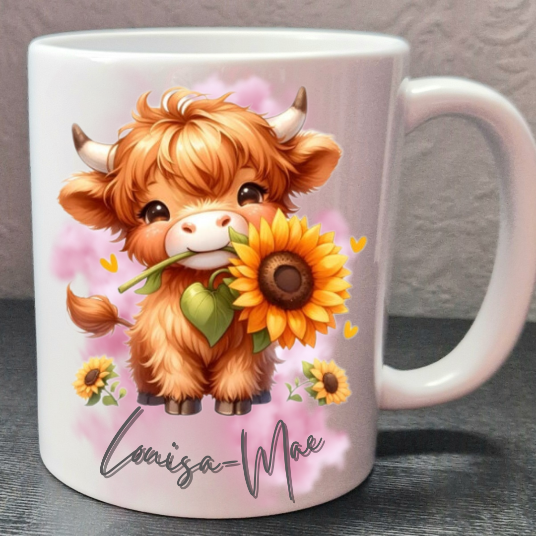 Personalised highland cow & sunflowers mug