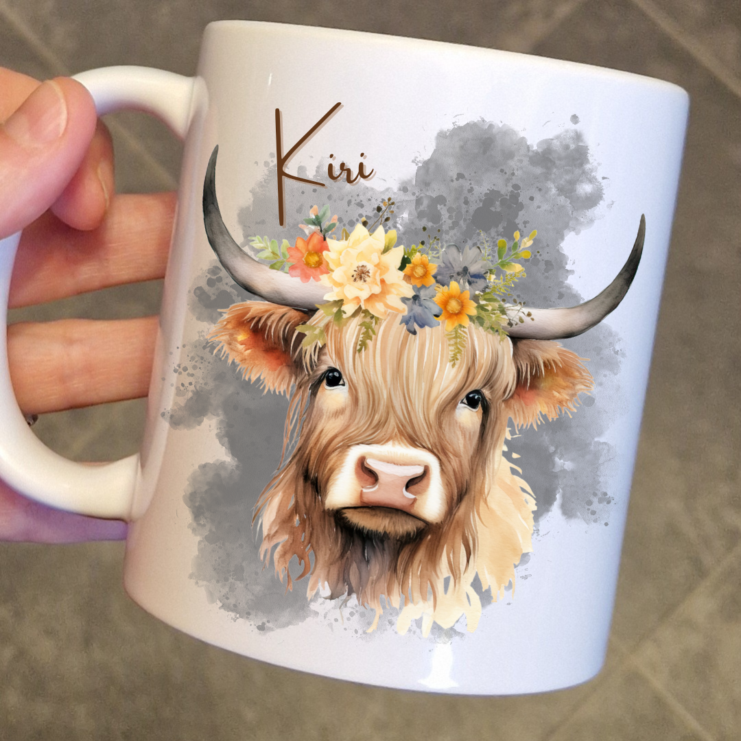 Personalised highland cow flowers mug