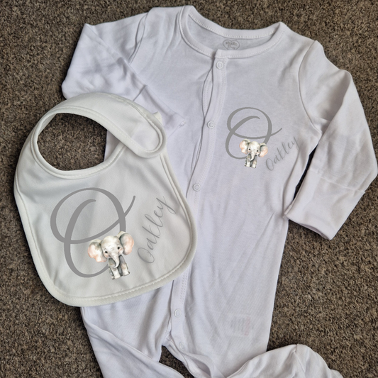 Baby elephant matching baby grow and bib set