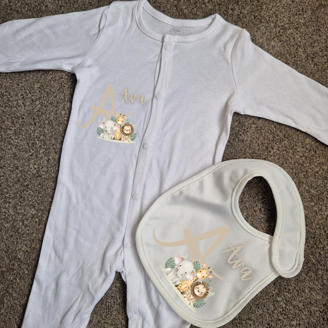 Safari matching baby grow and bib set