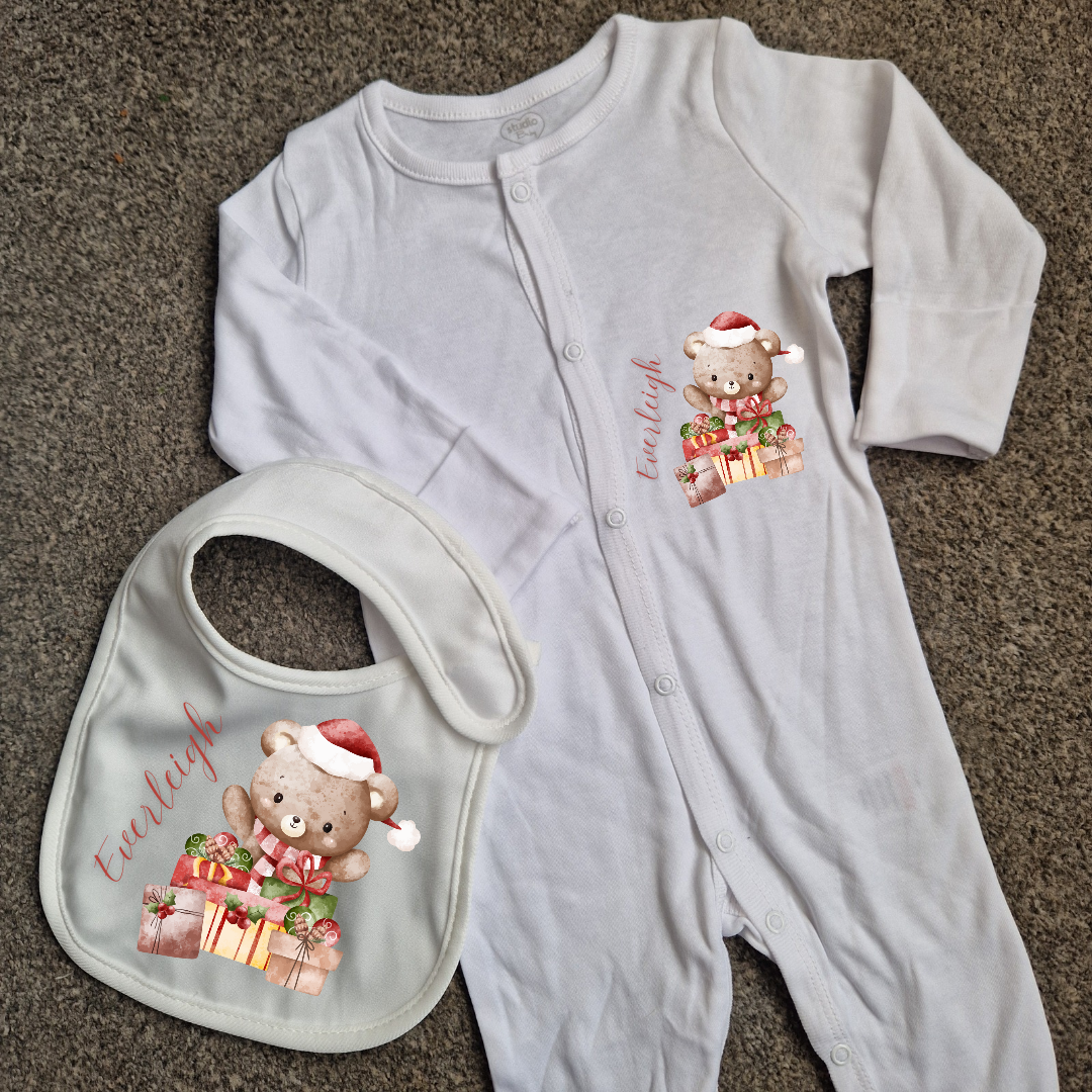 Christmas bear matching baby grow and bib set