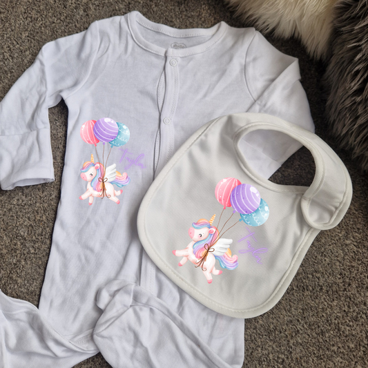 Unicorn matching baby grow and bib set