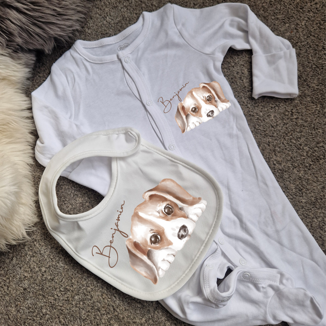 Cute puppy matching baby grow and bib set